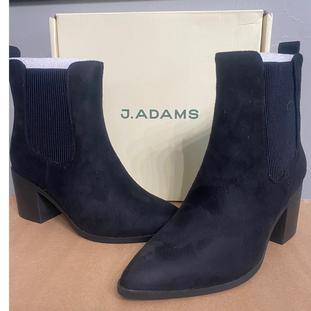 J. Adams Andi‎ Black Suede Pointed Toe Chelsea Block Heel Ankle Boots 5.5